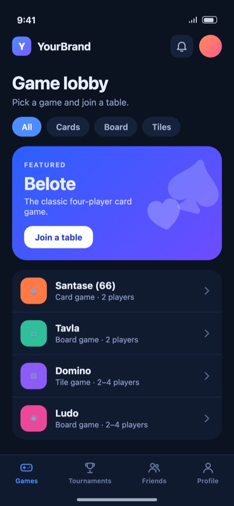 The same games solution in a second brand: a dark game lobby app